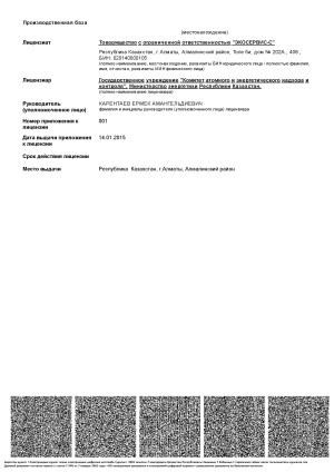 Государственная лицензия на деятельность на территориях бывших испытательных ядерных полигонов и других территориях, загрязненных в результате проведенных ядерных испытаний (Лист 2 из 2)